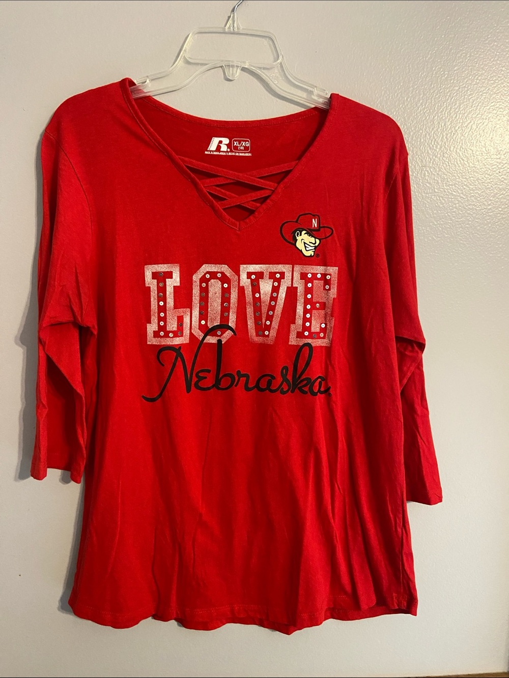 Russell Athletic Red Nebraska 'LOVE' Long-Sleeve V-Neck Top